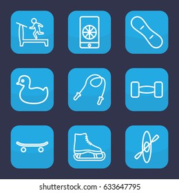 Activity icon. set of 9 outline activity icons such as duck, treadmill, skateboard, barbell, football on phone, snow board, rowing, skipping rope