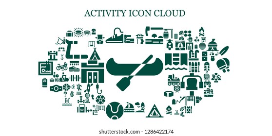  activity icon set. 93 filled activity icons. Simple modern icons about  - Canoe, Trampoline, Puck, Sport shoes, Slide, Adze, Surfboard, Tent, Sailboat, Tennis ball, Punching bag