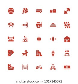 activity icon set. Collection of 25 filled activity icons included Pool, Bicycle, Tricycle, Fishing net, Ice skate, Picnic table, Fishing, Slide, Bench press, Domino, Tent, Kayak