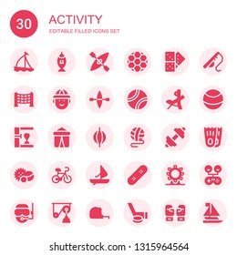 activity icon set. Collection of 30 filled activity icons included Sailboat, Fishing, Kayak, Ball, Domino, Net, Hunter, Tennis ball, Bench press, Punching bag, Tent, Fitness, Balls