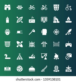 activity icon set. Collection of 36 filled activity icons included Yoga, Kendo, Fishing rod, Gym, Volleyball, Pool, Blocked, Campfire, Pulley, Rowing, Tent, Inflatable, Controller