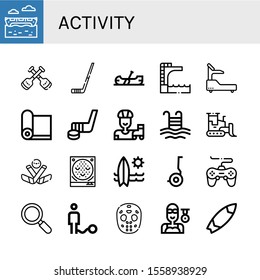 activity icon set. Collection of Banana boat, Paddles, Hockey stick, Canoe, Trampoline, Fitness, Yoga mat, Roller skate, Pool, Bulldozer, Ice hockey, Pachinko, Surfboard icons