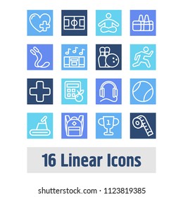 Activity icon set and earphone with heart health, doctor and backpack. Meditation related activity icon vector for web UI logo design.