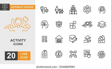 Activity icon set. Family, relaxation, education, sport, healty and more line icon. Editable stroke icon.