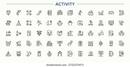 Aktivitätssymbol im linearen Stil eingestellt. Aktivität moderne Ikonensatz. Symbole für das UI-Design. Inbegriffen Kochen, Lifestyle, Sport, Angeln, Camping, Hobby und mehr. Vektorgrafik und Illustration.