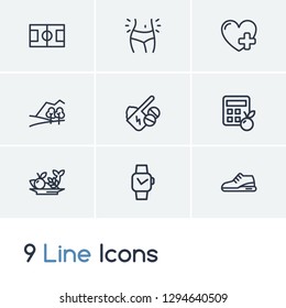 Activity icon set and nature with calorie calculator, heart health and smartwatch. Sneaker related activity icon vector for web UI logo design.
