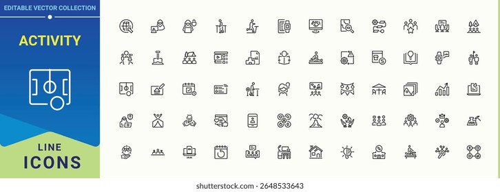 Activity icon set. Outline icons collection. Adventure line icon set. It contains symbols to sport, lifestyle, cycling, fishing, gardening, adventure, interest and more.