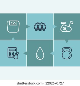 Activity icon set and weight scale with hydration, calorie calculator and fitness bike. Bodybuilding related activity icon vector for web UI logo design.