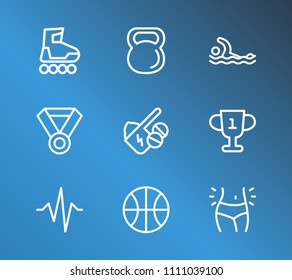 Activity icon set and winner with swimming, vitamins with supplements and weight loss. Ball related activity icon vector for web UI logo design.