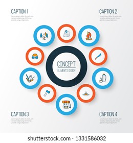 Activity icons colored line set with hunting knife, binoculars, camping and other destination elements. Isolated vector illustration activity icons.