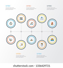 Activity icons colored line set with swiss knife, fishing, bonfire and other matches elements. Isolated vector illustration activity icons.