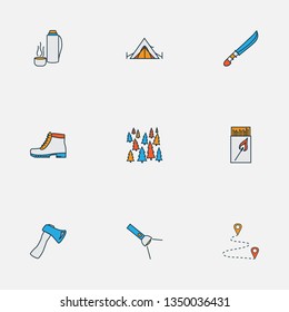 Activity icons colored line set with destination, thermos, forest and other route elements. Isolated vector illustration activity icons.