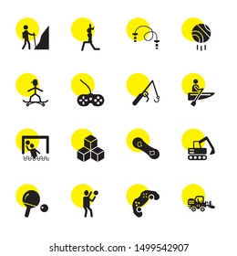 activity icons. Editable 16 activity icons. Included icons such as Bulldozer, Gamepad, Basketball player, Ping pong, Digger, Snowboard, Block, Waterpolo. activity trendy icons for web.