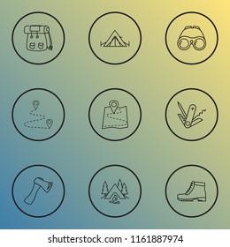 Activity icons line style set with destination, binoculars, camping and other tepee elements. Isolated vector illustration activity icons.