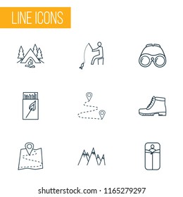 Activity icons line style set with sleeping bag, destination, camping boots and other route elements. Isolated vector illustration activity icons.