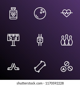 Activity icons line style set with smart watch, bowling, drugs and other skittles elements. Isolated vector illustration activity icons.