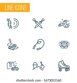 Activity icons line style set with darts, whirligig, sandbox rollerskating elements. Isolated vector illustration activity icons.