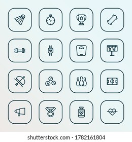 Activity icons line style set with pressure tracker, football field, bow and other pitch elements. Isolated vector illustration activity icons.