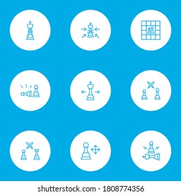 Activity icons line style set with king moves, pawn beats pawn, pawn multiple directions and other tactics elements. Isolated vector illustration activity icons.