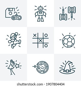 Iconos de actividad línea estilo juego con bola de fútbol, juego de tanques, juego de laberinto y otros elementos ciborg. Iconos aislados de actividad de ilustración vectorial.