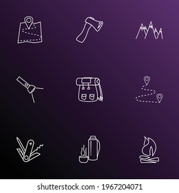 Activity icons line style set with axe, swiss knife, map and other hatchet elements. Isolated vector illustration activity icons.