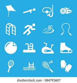 activity icons set. Set of 16 activity filled icons such as kite, pool, playground ladder, push up, running, swimming pool, basketball, tennis rocket, exercise bike, snorkel