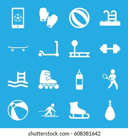 Activity icons set. set of 16 activity filled icons such as kick scooter, beach ball, swimming pool, skiing, tennis playing, skateboard, football on phone, skate rollers