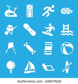 Activity icons set. set of 16 activity filled icons such as beach ball, domino, construction, running, snowboard, basketball, golf ball, exercise bike, snow board, skate board