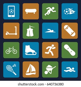 Activity icons set. set of 16 activity filled icons such as kick scooter, construction, running, football ball, football on phone, skate board, snow board, bicycle, swimmer