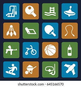 Activity icons set. set of 16 activity filled icons such as child bicycle, whirligig, construction, snowboard, snorkel, basketball, table tennis, hang glider, skipping rope
