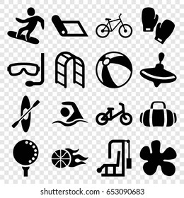 Activity icons set. set of 16 activity filled icons such as child bicycle, beach ball, whirligig, playground ladder, swimming, snowboard, basketball, golf ball, sport bag