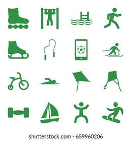 Activity icons set. set of 16 activity filled icons such as child bicycle, kite, running, bar   tightening, squat, pool, skiing, snowboard, barbell, football on phone
