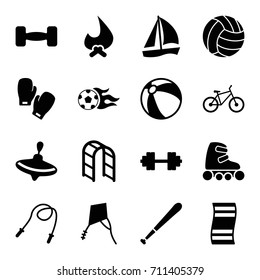 Activity icons set. set of 16 activity filled icons such as beach ball, whirligig, playground ladder, barbell, football ball, skate rollers, bicycle, boxing gloves