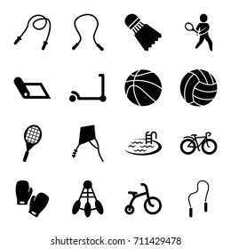 Activity icons set. set of 16 activity filled icons such as child bicycle, kick scooter, pool, bicycle, tennis playing, tennis rocket, skipping rope, boxing gloves, volleyball