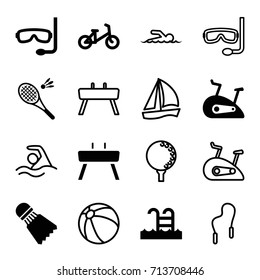 Activity icons set. set of 16 activity filled and outline icons such as child bicycle, swimming pool, gymnastic apparatus, exercise bike, shuttlecock, aqualung, badminton
