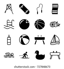 Activity icons set. set of 16 activity filled and outline icons such as duck, beach ball, skiing, gymnastic apparatus, skipping rope, skate board, basketball, swimming pool