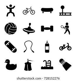Activity icons set. set of 16 activity filled icons such as duck, child bicycle, whirligig, squat, swimming pool, tennis playing, barbell, skate board, bicycle, volleyball
