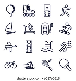 activity icons set. Set of 16 activity outline icons such as treadmill, domino, running, bicycle, swimming pool, badminton, skiing, snowboard, golf ball, windsurfing