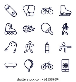 Activity icons set. set of 16 activity outline icons such as running, bicycle, baseball player, football ball, football on phone, golf ball, skate board, skate rollers