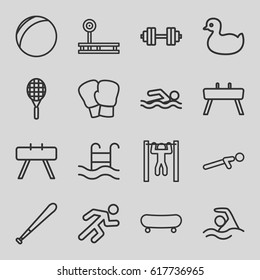 Activity icons set. set of 16 activity outline icons such as duck, push up, bar   tightening, running, swimming pool, swimming, tennis rocket, gymnastic apparatus