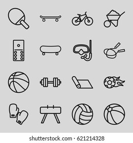 Activity icons set. set of 16 activity outline icons such as beach ball, jump rope, construction, football ball, bicycle, snorkel, boxing gloves, barbell   isolated