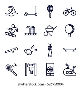 Activity icons set. set of 16 activity outline icons such as kick scooter, jump rope, construction, push up, bar   tightening, swimming pool, badminton, swimming, snowboard