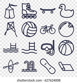Activity icons set. set of 16 activity outline icons such as duck, pool, basketball, bicycle, swimming pool, rowing boat, kite, tent, skateboard, snow board, snorkel