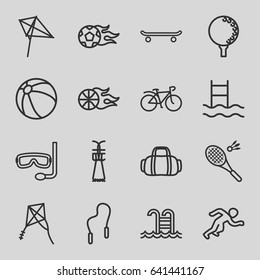 Activity icons set. set of 16 activity outline icons such as beach ball, kite, bicycle, swimming pool, aqualung, badminton, football ball, basketball, skipping rope, golf ball