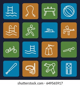 Activity icons set. set of 16 activity outline icons such as child bicycle, domino, push up, running, swimming pool, swimmer, tent, gymnastic apparatus, snorkel, baseball bat