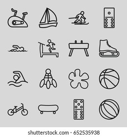 Activity icons set. set of 16 activity outline icons such as child bicycle, treadmill, domino, swimmer, skiing, swimming, gymnastic apparatus, exercise bike, basketball