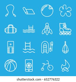 Activity icons set. set of 16 activity outline icons such as child bicycle, pool, basketball, football on phone, sport bag, bonfire, roller skate, carpet, shuttlecock