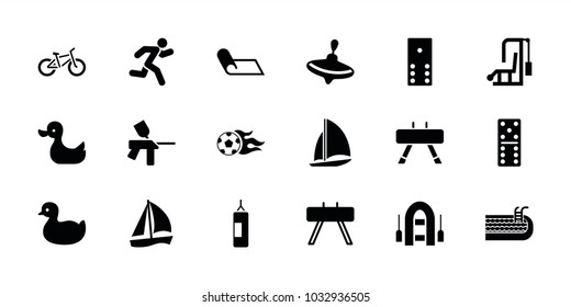 Activity icons. set of 18 editable filled activity icons: duck, whirligig, domino, sailboat, fintess equipment, gym equipment, running, football ball, pool, boxing bag, carpet