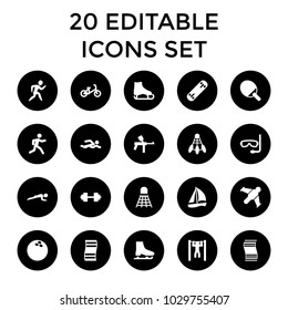 Activity icons. set of 20 editable filled activity icons such as child bicycle, paintball, ice skate, sailboat, swimming man. best quality activity elements in trendy style.