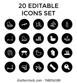 Activity icons. set of 20 editable filled and outline activity icons such as duck, kick scooter, pool ladder, fintess equipment, push up, swimming pool, snow board, snorkel
